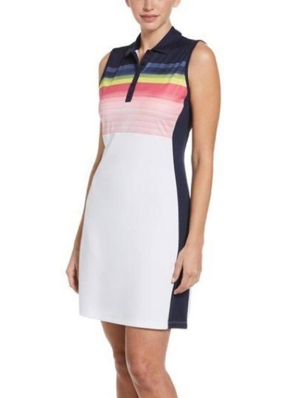NWT Callaway White Sleeveless Polo Dress with Navy Panels and Multicolor Stripe - Picture 2 of 7
